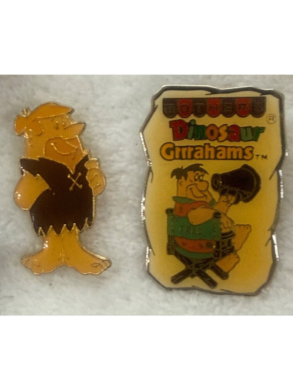 1990 Flintstones Mothers Cookies Dinosaur Grahams Collector Pins - Fred & Barney